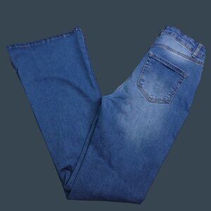 Wax Jean Womens Retro Flare Jeans 7 High Rise Medium Wash Distressed Stretch